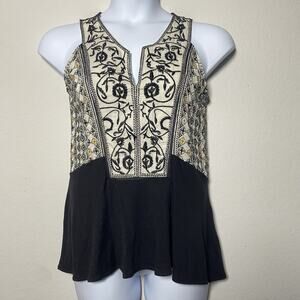 Womens Meadow Rue Embroidered Boho Sleeveless Top Small Art Deco Flowy Summer‎